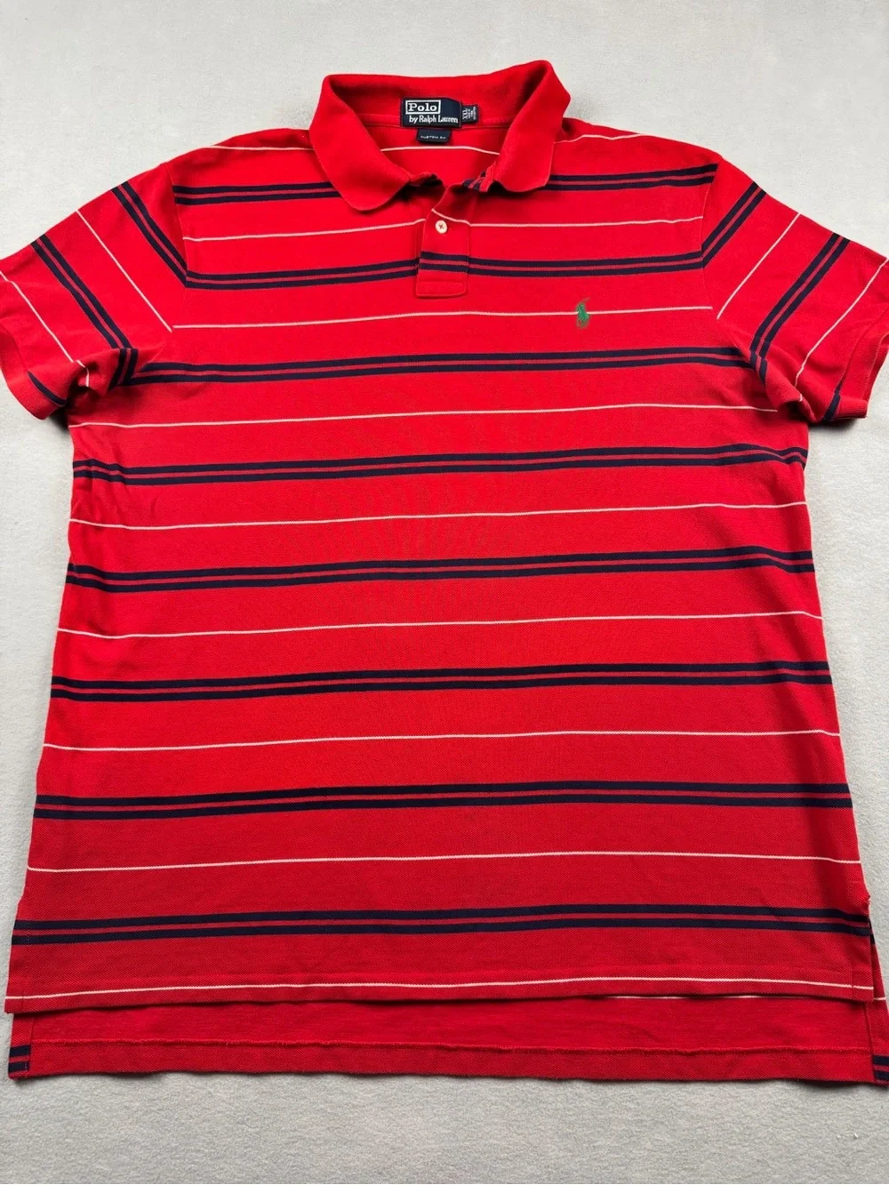 Polo Ralph Lauren Mens XXL Custom Fit Polo Shirt Red Navy White Striped Cotton